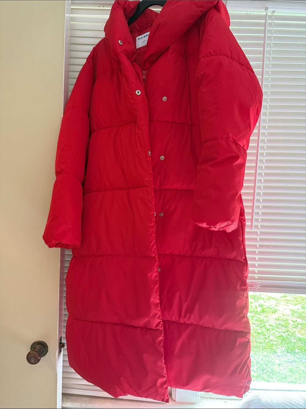 Old Navy Bright Red Long Hooded Puffer Coat